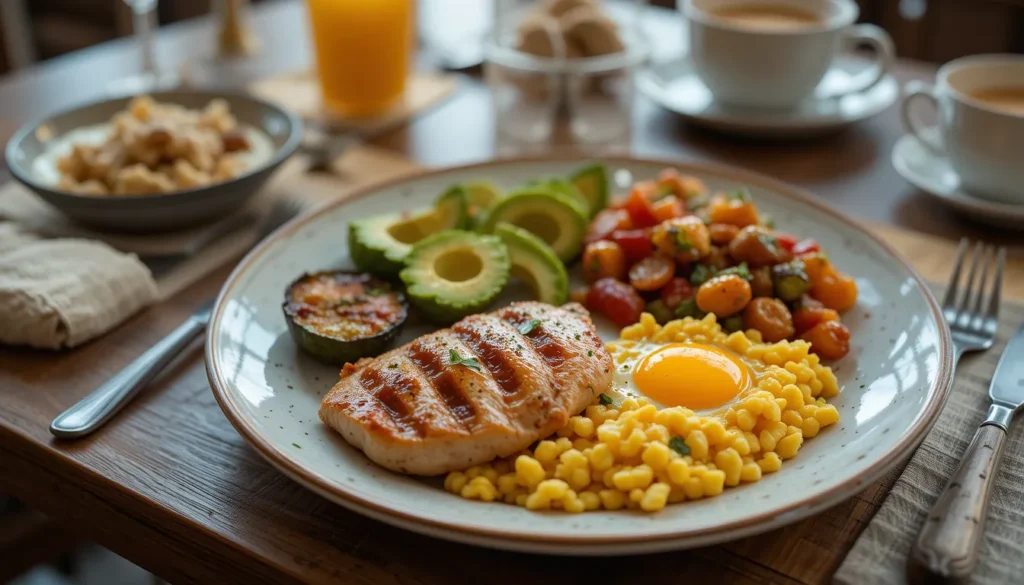 A vibrant breakfast plate featuring scrambled eggs, grilled chicken breast, avocado slices, and sautéed vegetables.