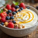 A bowl of creamy Greek yogurt topped with fresh berries, crunchy nuts, and a drizzle of honey, served on a rustic wooden table.