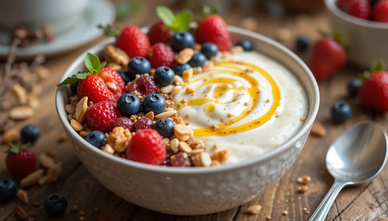 A bowl of creamy Greek yogurt topped with fresh berries, crunchy nuts, and a drizzle of honey, served on a rustic wooden table.