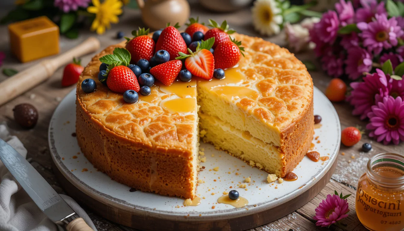 Moist Greek yogurt cake topped with fresh berries and a drizzle of honey, served on a rustic plate.