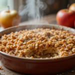 A freshly baked healthy breakfast apple crumble in a white dish, topped with golden oats and nuts, served with a side of fresh apples and cinnamon.