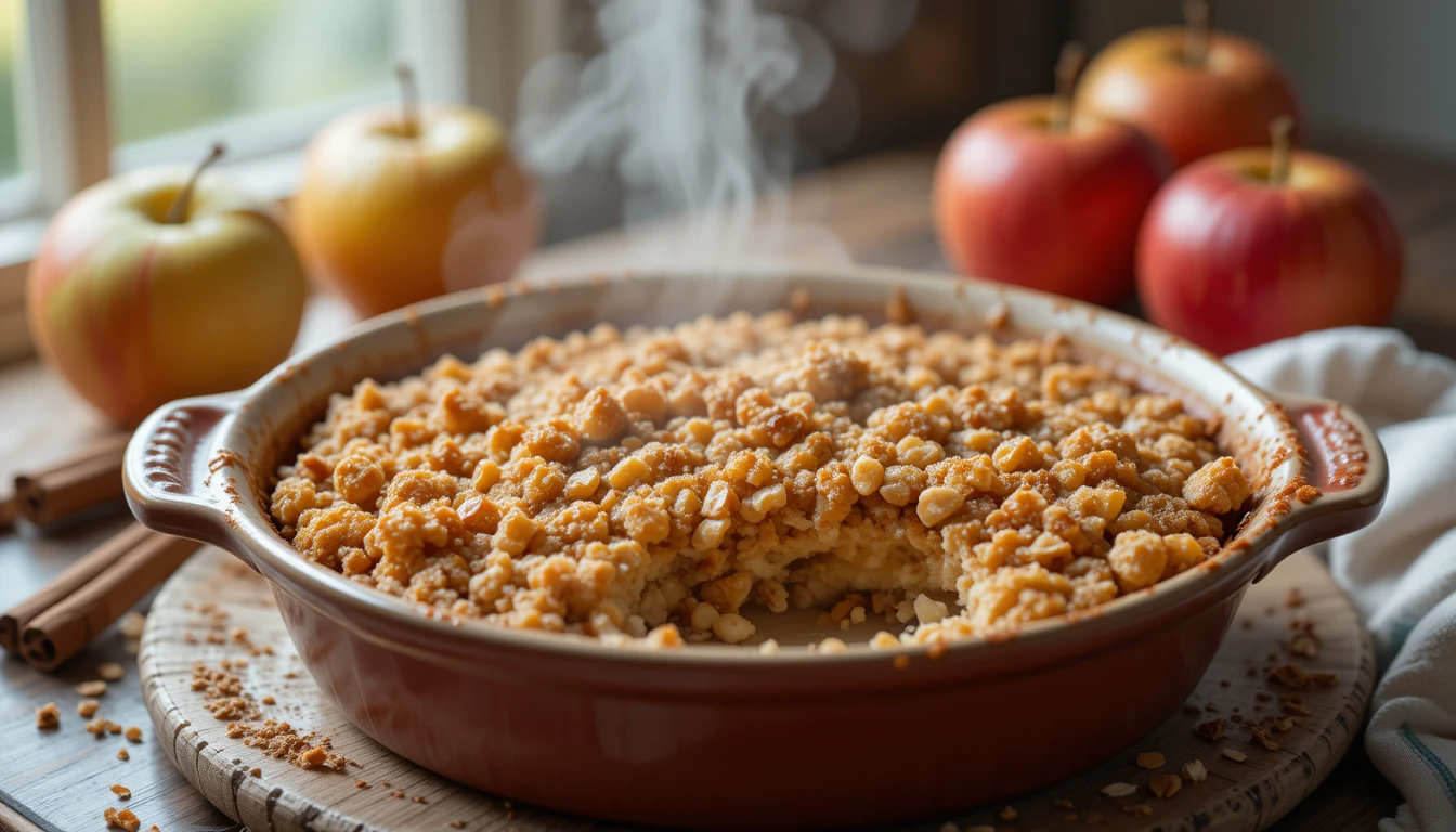 A freshly baked healthy breakfast apple crumble in a white dish, topped with golden oats and nuts, served with a side of fresh apples and cinnamon.