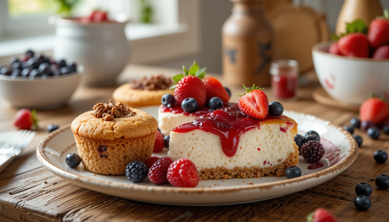 Healthy low-carb Greek yogurt muffins and cheesecake on a rustic table with fresh berries and a drizzle of honey.