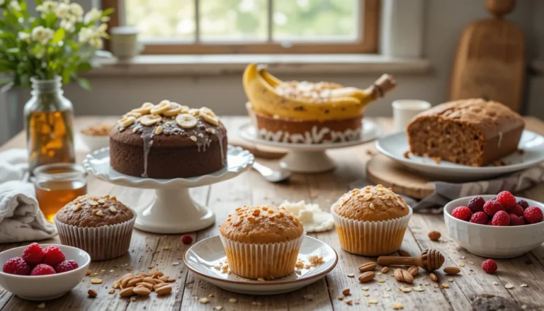 Healthy Greek yogurt baking recipes with no added sugar, featuring muffins, cakes, and cookies on a rustic kitchen counter.