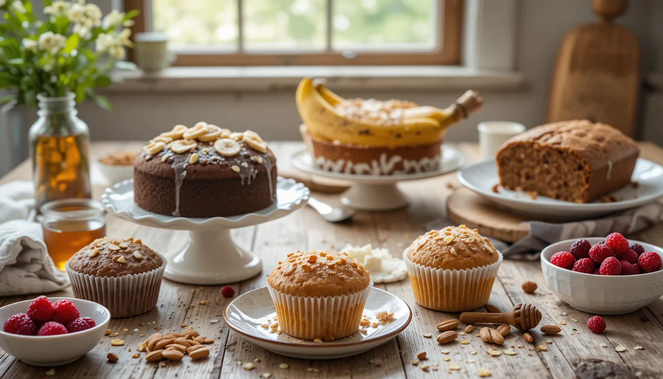 Healthy Greek yogurt baking recipes with no added sugar, featuring muffins, cakes, and cookies on a rustic kitchen counter.