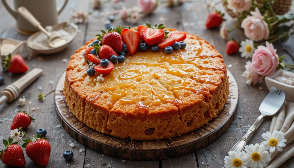 Freshly baked healthy Greek yogurt cake garnished with fresh berries and a drizzle of honey, served on a rustic wooden table