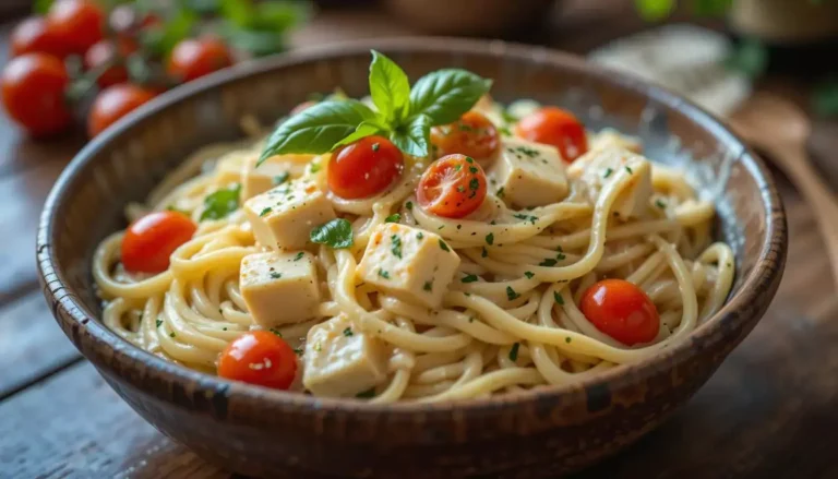 Healthy vegan silken tofu pasta with creamy sauce, fresh basil, and cherry tomatoes served in a rustic bowl.