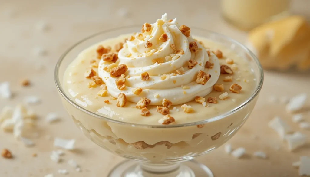 Keto banana pudding served in a glass bowl, topped with whipped cream and crushed nuts.