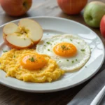 Healthy breakfast with 2 eggs and a sliced apple on a plate