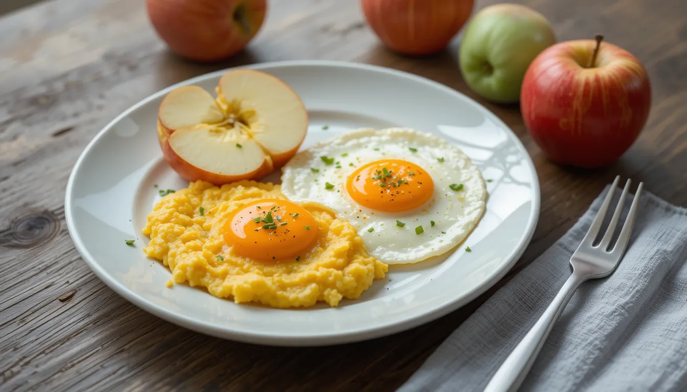 Healthy breakfast with 2 eggs and a sliced apple on a plate