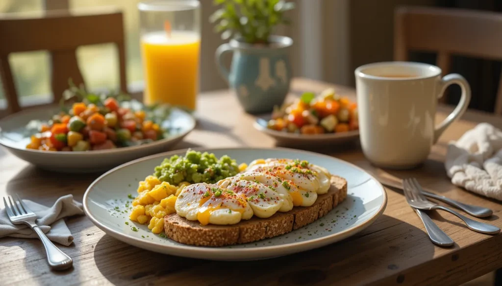 A healthy breakfast plate featuring chicken, scrambled eggs, avocado toast, and a side of vegetables.