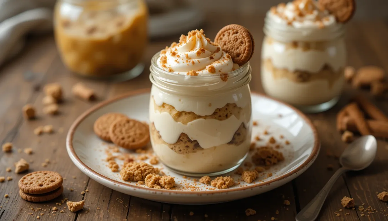 Keto banana pudding in a glass jar layered with whipped cream and crumbled keto cookies