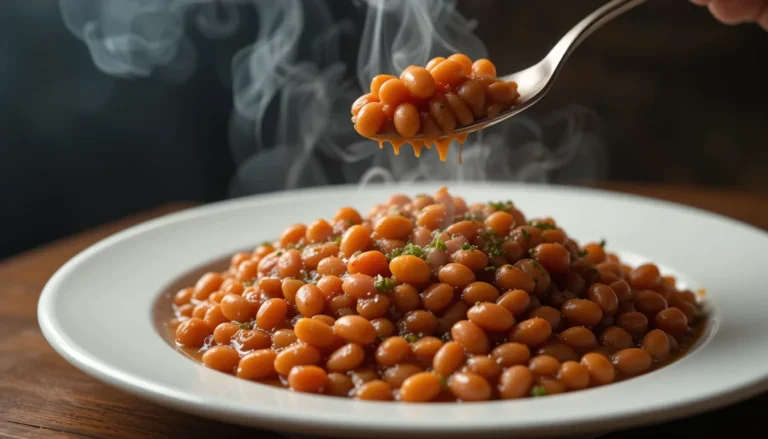 Homemade baked beans in a casserole dish topped with crispy bacon, served at a BBQ.