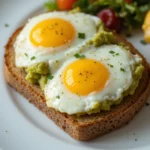 A close-up of poached eggs with runny yolks on creamy avocado toast, garnished with microgreens and red pepper flakes, served on whole-grain bread.