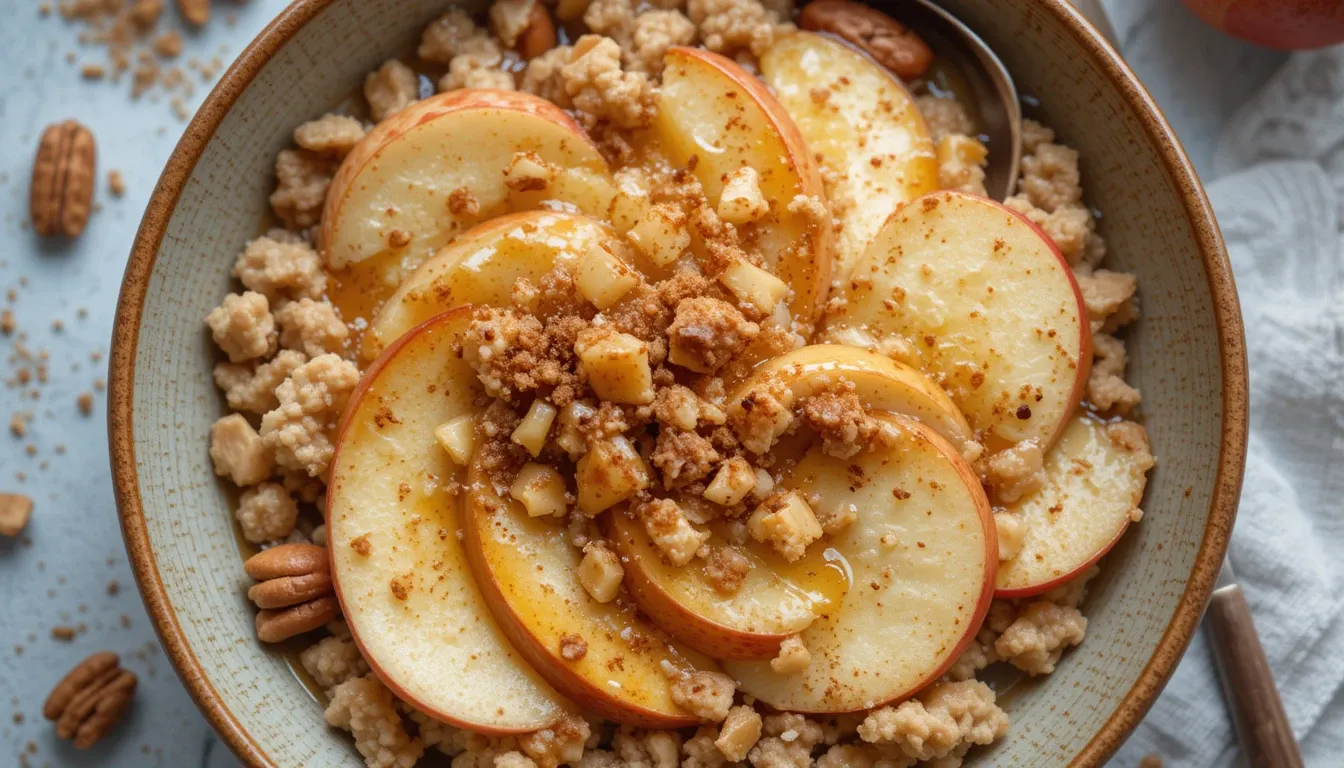 Healthy apple breakfast ideas – oatmeal, pancakes, smoothies, and baked apple dishes on a wooden table.