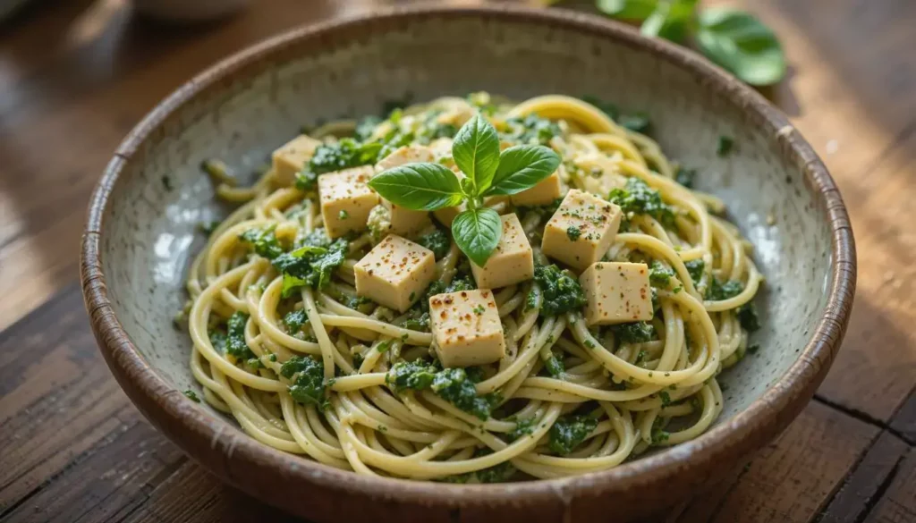 Vegan pasta with creamy silken tofu and spinach sauce, garnished with fresh basil and black pepper.