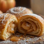 Golden-brown apple and cinnamon puff pastry rolls, dusted with powdered sugar and drizzled with glaze, served on a rustic wooden surface.