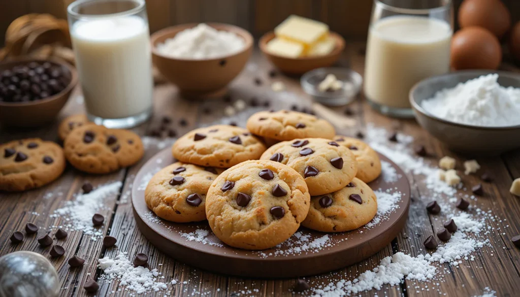 Freshly baked chocolate chip cookies on a rustic wooden table with a glass of milk and ingredients.