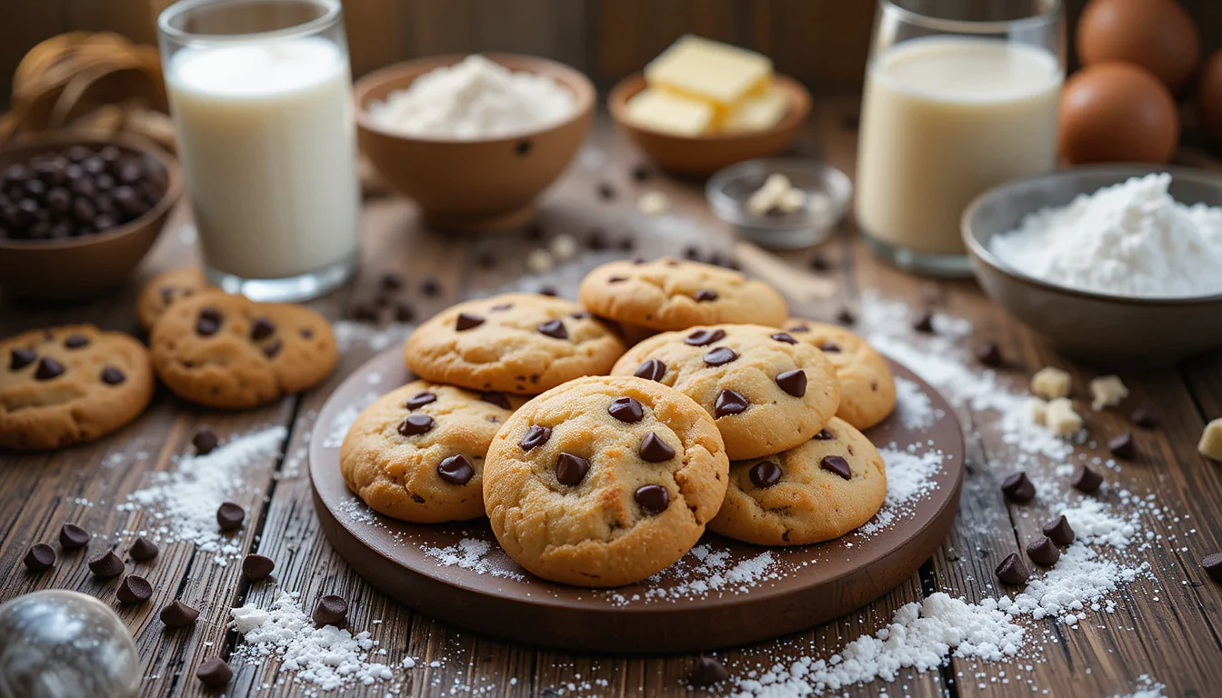 Freshly baked chocolate chip cookies on a rustic wooden table with a glass of milk and ingredients.