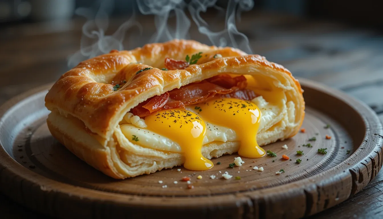 Golden,Puff Pastry Breakfast with eggs, cheese, and crispy bacon on a plate.