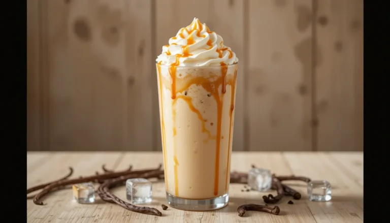 A creamy Vanilla Bean Frappuccino topped with whipped cream and caramel drizzle in a glass cup.