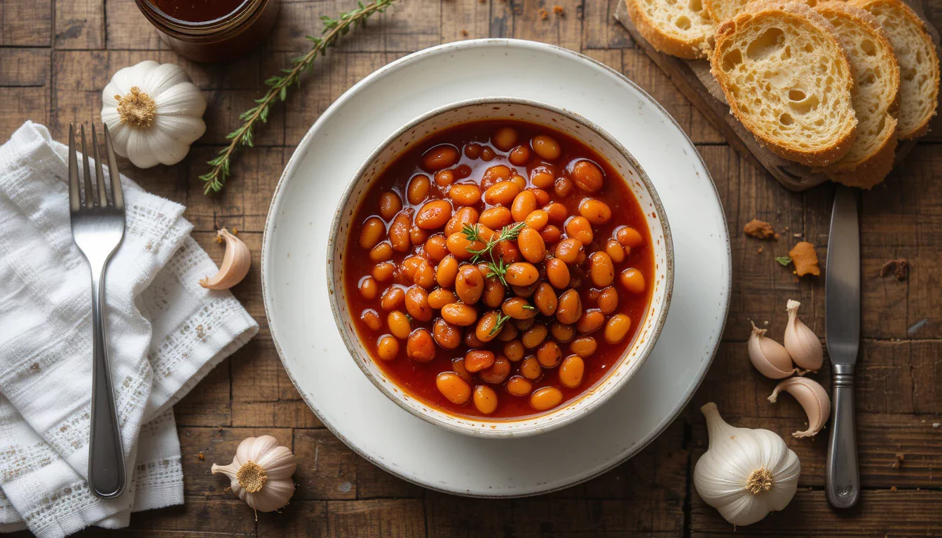 Homemade baked beans served in a rustic bowl with fresh herbs and bread.