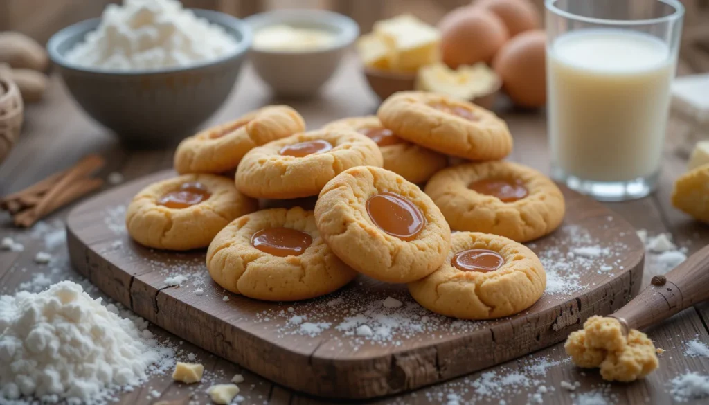 Soft and chewy cookies on a wooden tray with a glass of milk and baking ingredients.