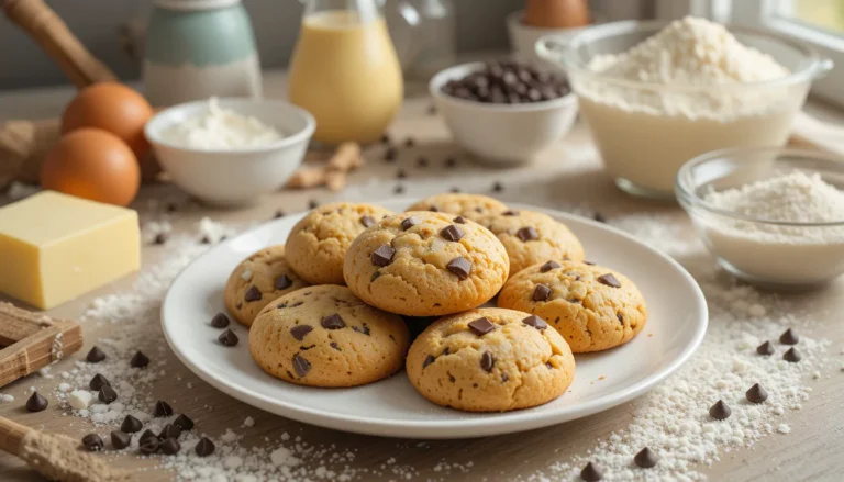 Perfectly baked cookies on a rustic tray, showcasing soft, chewy, and crispy textures with ingredients like butter and chocolate nearby.