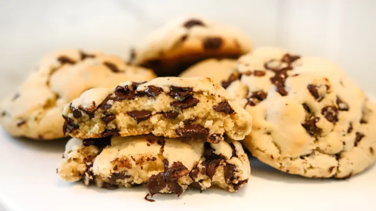 Freshly baked fluffy chocolate chip cookies on a baking tray with golden edges and gooey centers.