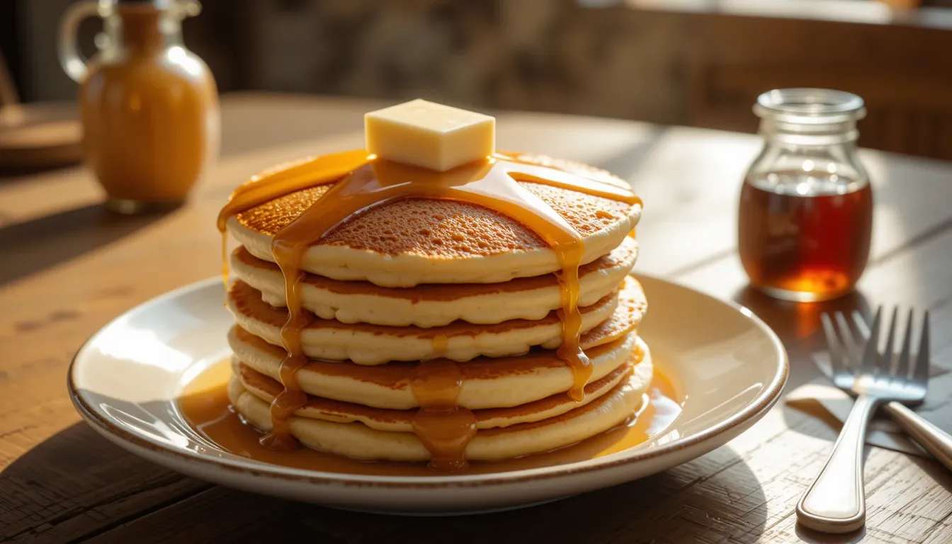 Why are Cracker Barrel pancakes different? A stack of fluffy pancakes with syrup and butter.