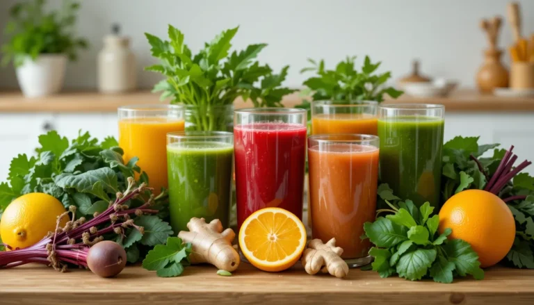 Healthy juices for 3-day cleanse with fresh fruits and vegetables like kale, ginger, and beets.