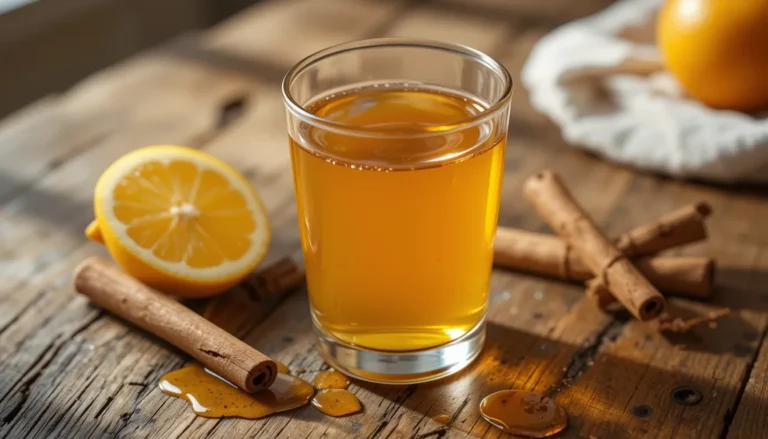 ple cider vinegar drink recipe with lemon, honey, and cinnamon in a glass