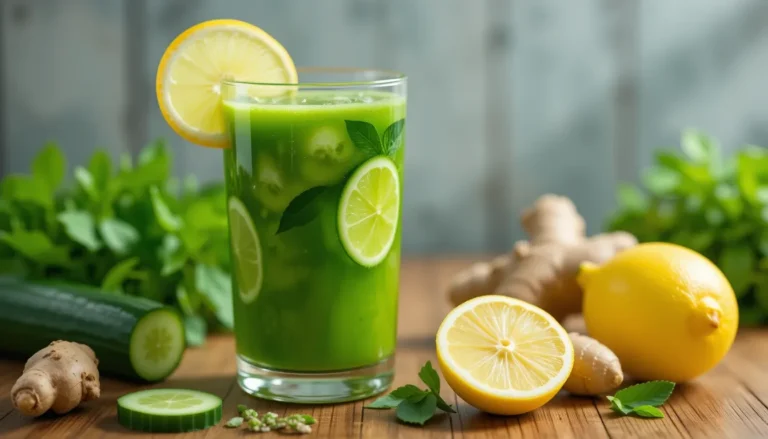 Glass of fresh green detox juice with lemon, cucumber, and ginger for belly fat burning.