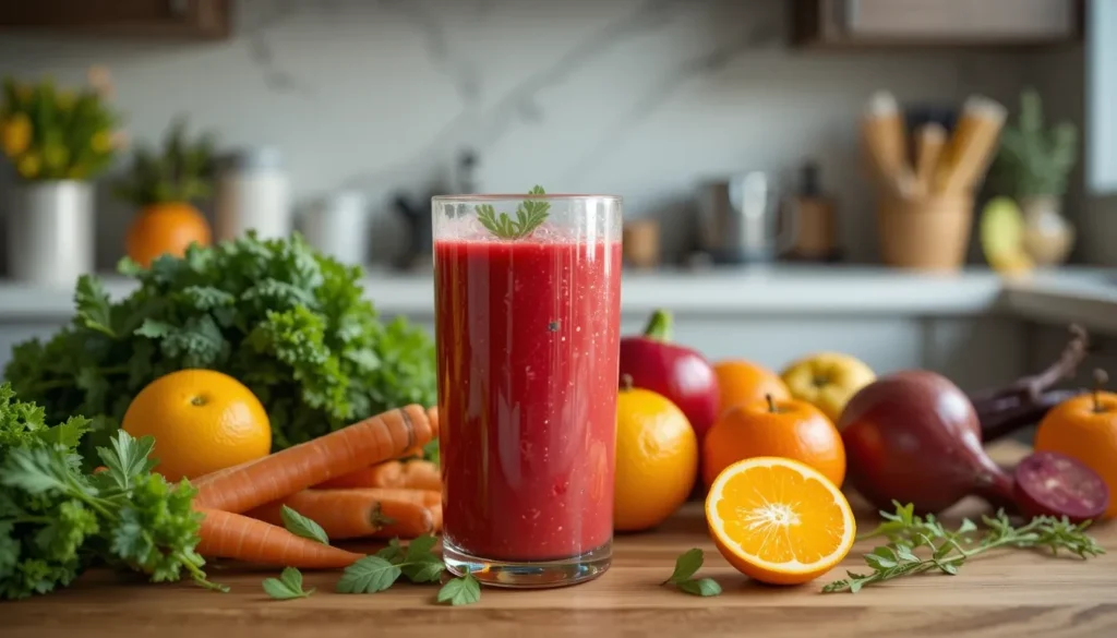 A modern juicer on a kitchen counter surrounded by fresh fruits and vegetables like carrots, kale, beets, oranges, and apples. The scene showcases the best practices for juicing, including preparation and proper juicing techniques.