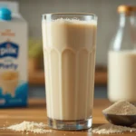 A tall glass of protein shake with a smooth, creamy texture and light froth on top, placed on a wooden counter with a scoop of protein powder nearby. A milk carton and water bottle are softly blurred in the background.