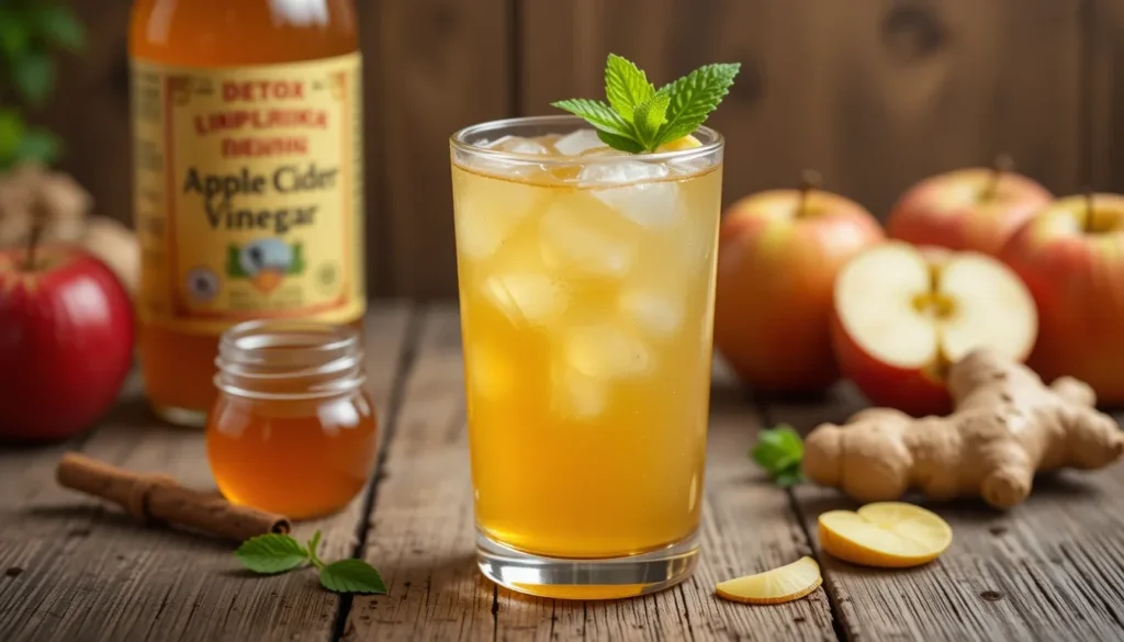 A detox apple cider vinegar drink in a glass, garnished with lemon and mint, surrounded by fresh apples, ginger, honey, and cinnamon on a rustic wooden table.