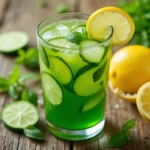 A glass of fresh green detox juice with cucumber, lemon, and mint, placed on a rustic wooden table with natural lighting.