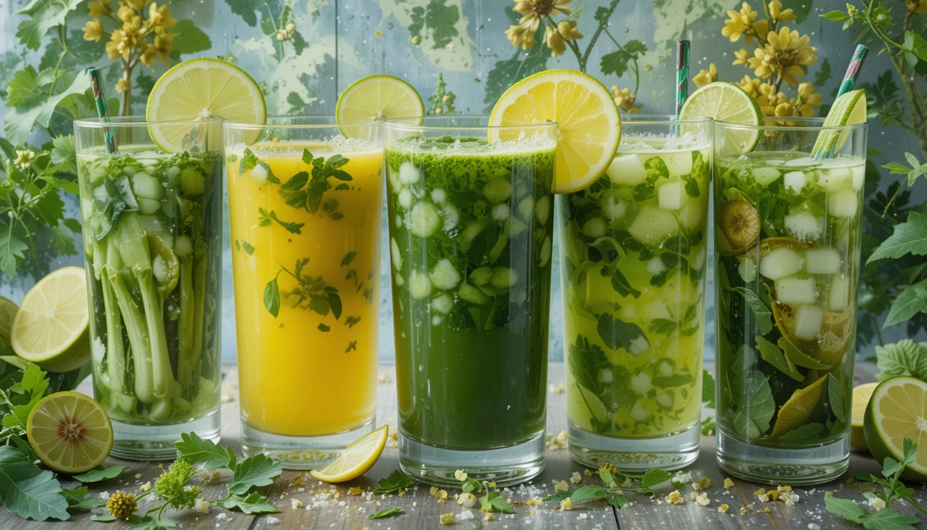 Variety of detox juice recipes made with fresh fruits, vegetables, and herbs to cleanse, boost energy, and improve digestion.