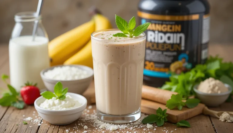 A glass of protein shake with milk and protein powder on a kitchen counter.