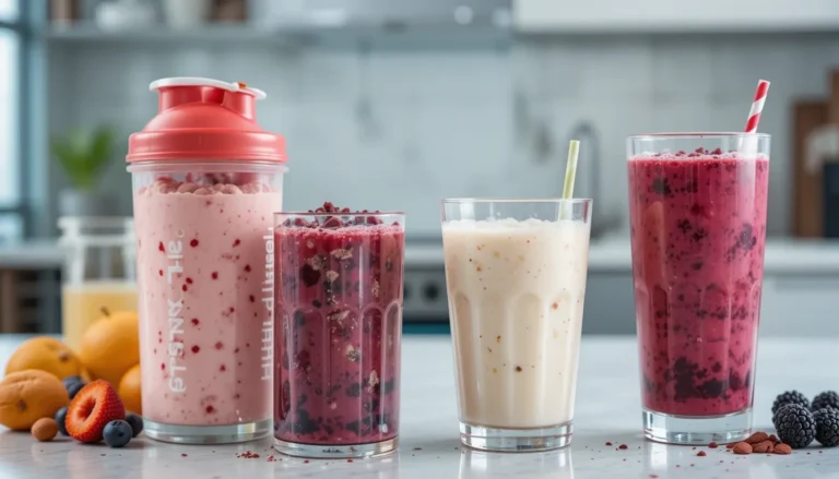 Refreshing two-ingredient protein drinks for muscle gain made with protein powder and fresh ingredients, set in a clean, fitness-inspired kitchen.