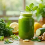 Green Detox Juice made with kale, cucumber, green apple, lemon, and ginger, surrounded by fresh ingredients on a wooden table.