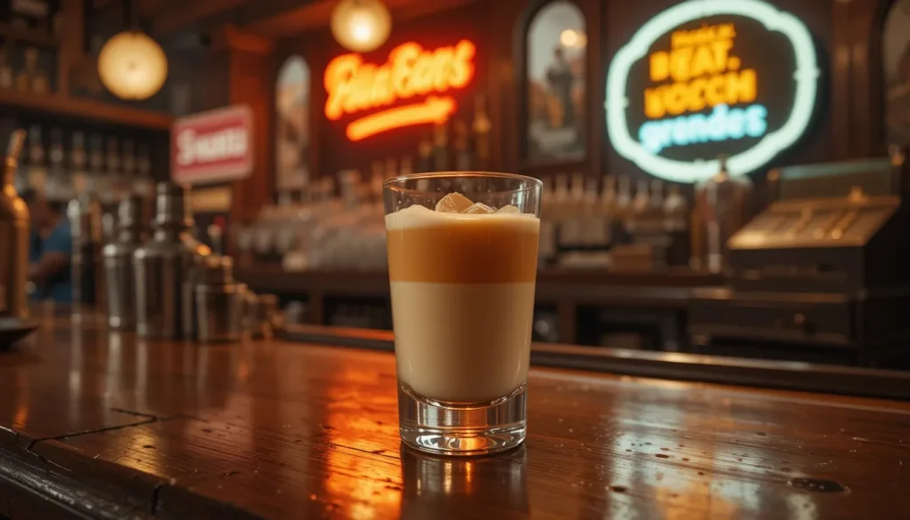 A vintage 1980s bar scene with a bartender expertly layering a Buttery Nipple shot in a clear glass, featuring golden butterscotch schnapps and creamy Irish cream. The setting includes a polished wood counter, warm dim lighting, retro bar signs, classic cocktail shakers, and an old cash register.