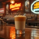 A vintage 1980s bar scene with a bartender expertly layering a Buttery Nipple shot in a clear glass, featuring golden butterscotch schnapps and creamy Irish cream. The setting includes a polished wood counter, warm dim lighting, retro bar signs, classic cocktail shakers, and an old cash register.