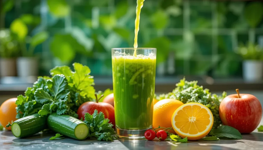 Freshly prepared juice made with fruits and vegetables, placed on a kitchen counter with ingredients like cucumbers, spinach, kale, and citrus fruits. A refreshing, health-focused scene promoting belly fat loss.