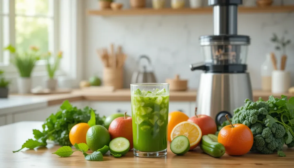 A fresh glass of green juice made from spinach, kale, cucumbers, and citrus, placed on a kitchen counter with whole fruits like apples and oranges. The scene conveys the health benefits of juicing for burning belly fat.