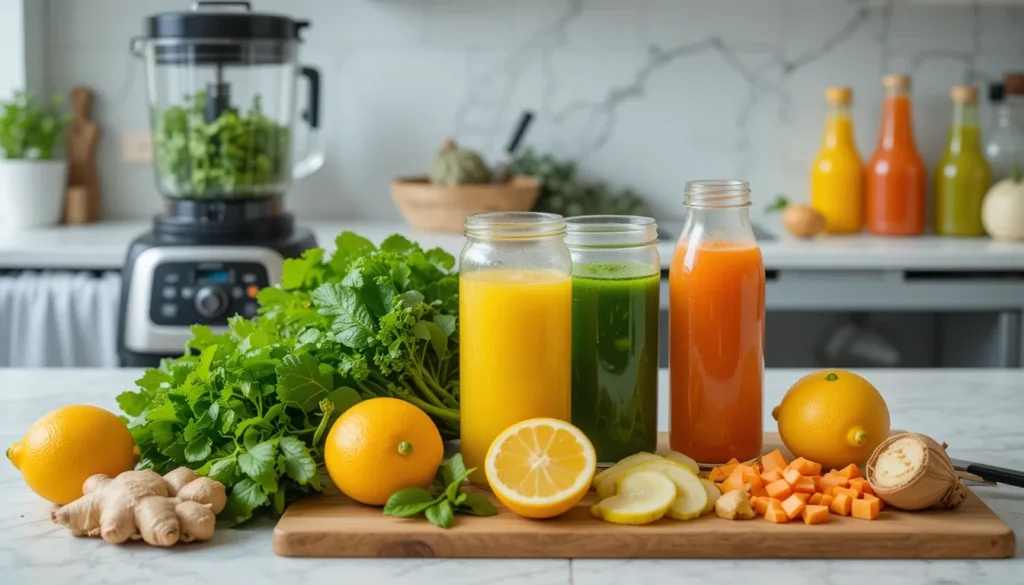 A kitchen scene with fresh ingredients like spinach, kale, oranges, lemons, ginger, and a blender, ready for making detox juice.