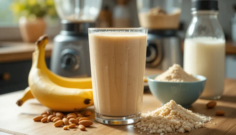 Homemade protein shake in a glass with fresh ingredients like banana, peanut butter, and whey protein powder.