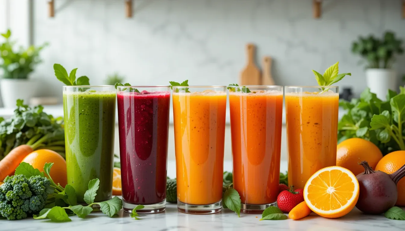 A variety of fresh juices for weight loss, including kale, citrus, and beetroot, displayed on a kitchen counter with natural light.