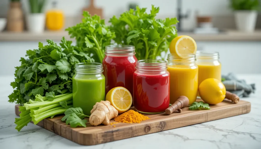 A flat lay of key detoxifying ingredients for a juice cleanse, including fresh kale, spinach, celery, ginger, turmeric, lemon, beets, and cucumber, arranged on a rustic wooden cutting board with vibrant green, red, and yellow fresh juices in glass jars. Soft natural lighting enhances the fresh and healthy aesthetic.