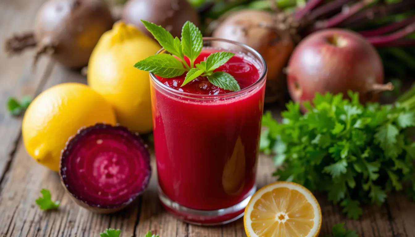 Freshly made liver cleanse juice with beets, lemon, and green apples in a glass.